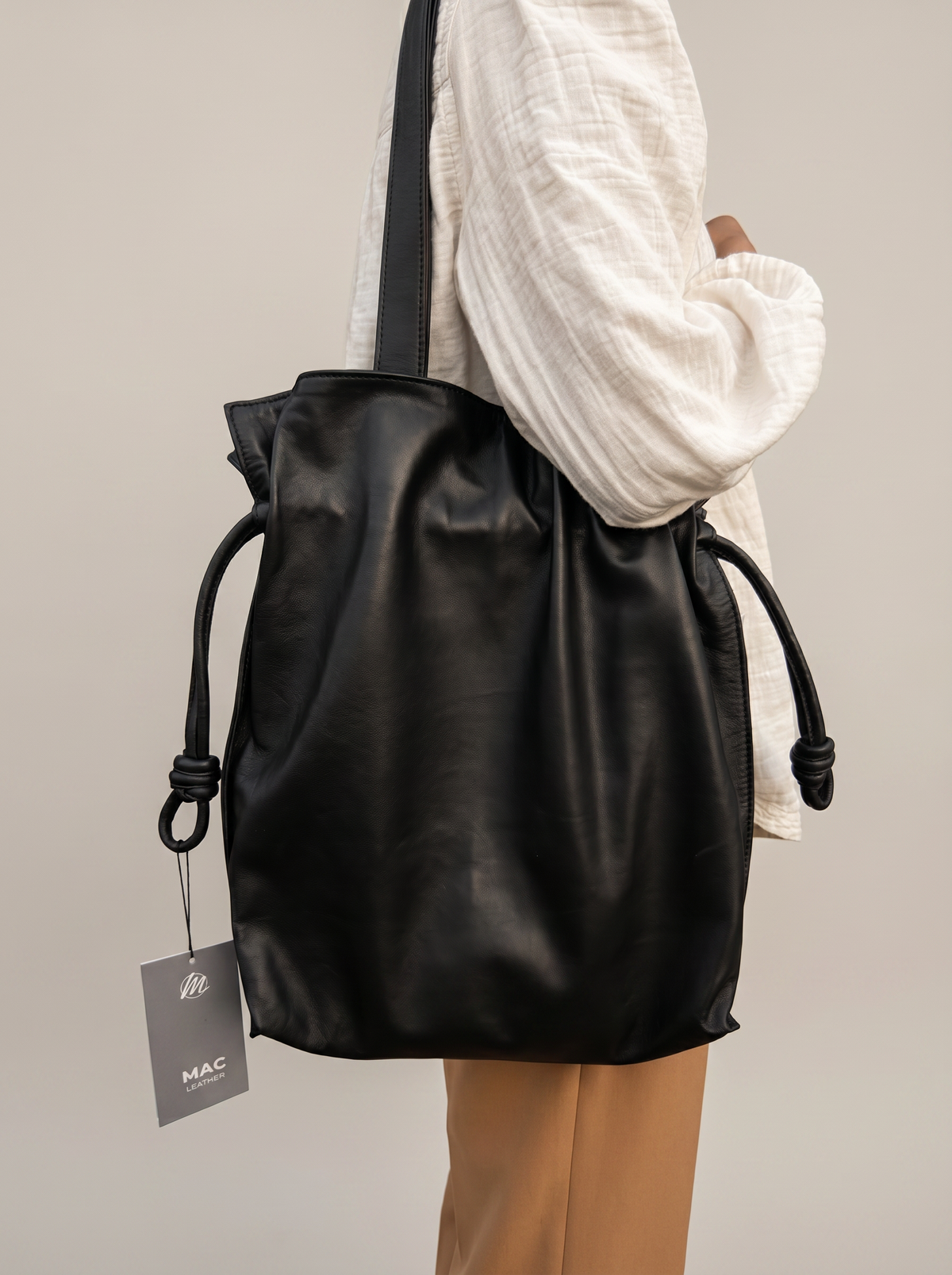 PANCH black leather drawstring tote bag